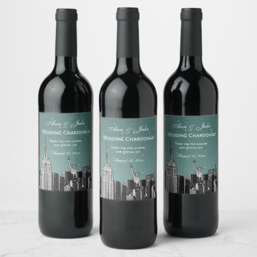 NYC Skyline Etched 2 Starry Turq Aqua Gradient BG Wine Label