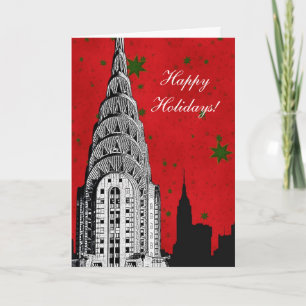 NYC Skyline Etched Chrysler Bldg Christmas Holiday Card