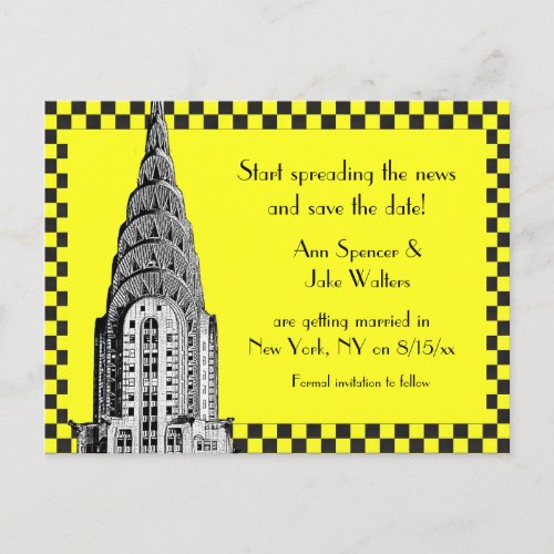 NYC Skyline Etched Chrysler Checkrd Taxi Save Date Announcement Postcard