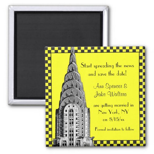 NYC Skyline Etched Chrysler Checkrd Taxi Save Date Magnet
