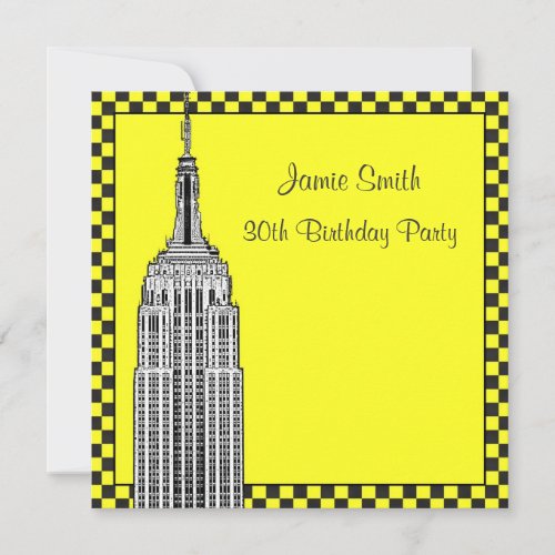 NYC Skyline Etched ESB Checkered Taxi 2 Birthday Invitation