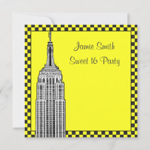 NYC Skyline Etched ESB Checkered Taxi 2 Sweet 16 Invitation