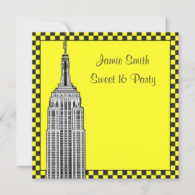 NYC Skyline Etched ESB Checkered Taxi 2 Sweet 16 Invitation (Front)