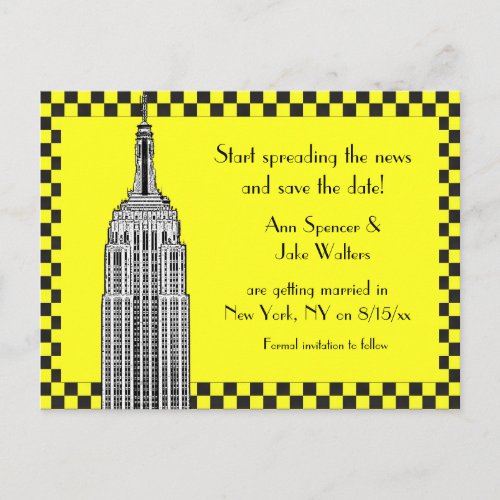 NYC Skyline Etched ESB Checkrd Taxi Save Date Announcement Postcard