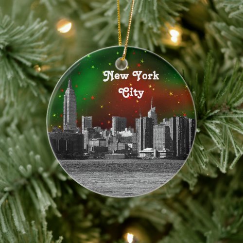 NYC Skyline Etched ESB Red and Green Starry Xmas Ceramic Ornament