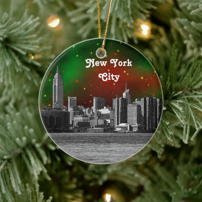 NYC Skyline Etched ESB Red and Green Starry Xmas Ceramic Ornament (Tree)