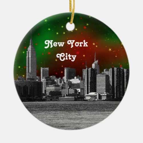 NYC Skyline Etched ESB Red and Green Starry Xmas Ceramic Ornament