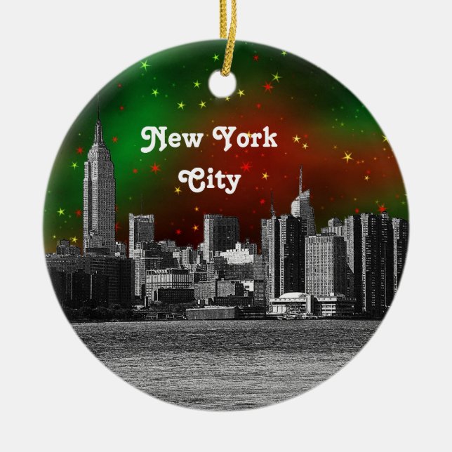 NYC Skyline Etched ESB Red and Green Starry Xmas Ceramic Ornament (Front)