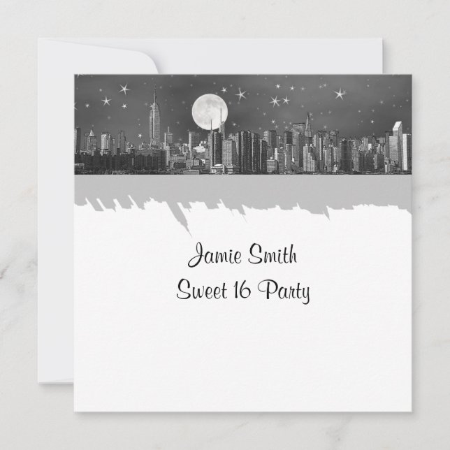 NYC Skyline Etched Look Moon Black 2 Sweet 16 SQ Invitation (Front)