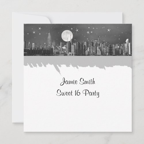 NYC Skyline Etched Look Moon Black 2 Sweet 16 SQ Invites