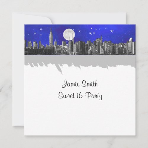 NYC Skyline Etched Look Moon Blue 2 Sweet 16 SQ Invitation