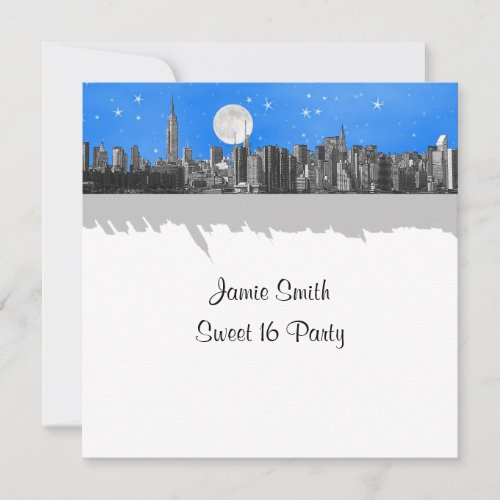NYC Skyline Etched Look Moon Lt Blue 2 Sweet 16 SQ Announcement