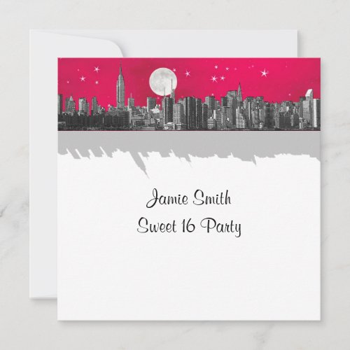NYC Skyline Etched Look Moon Pink 2 Sweet 16 SQ Invitation