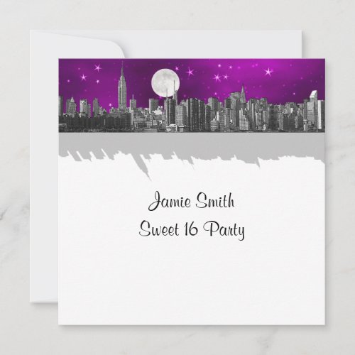 NYC Skyline Etched Look Moon Purple 2 Sweet 16 SQ Invitation