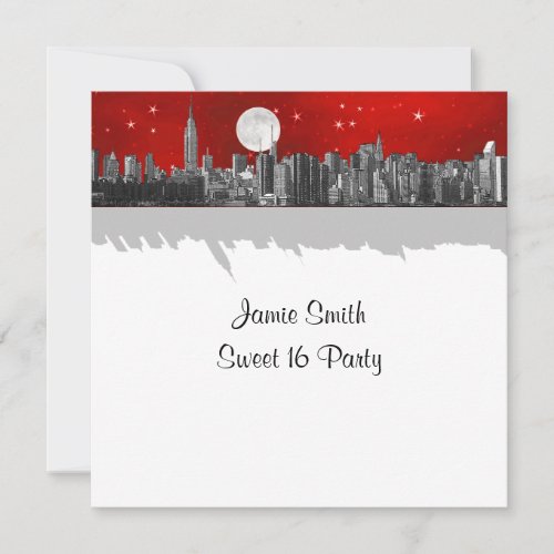 NYC Skyline Etched Look Moon Red 2 Sweet 16 SQ Invitation
