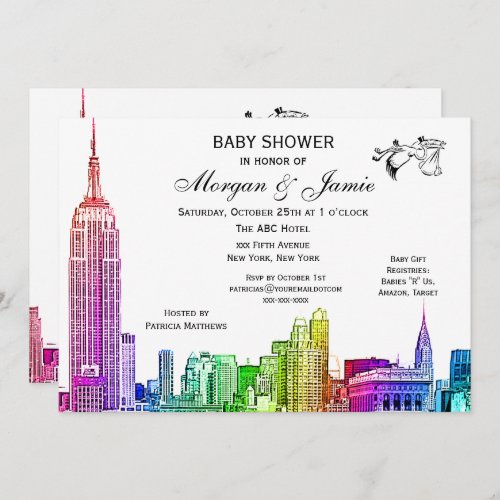 NYC Skyline Etched Look Rainbow Baby Shower Stork Invitation