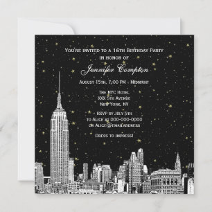 NYC Skyline Etched Starry DIY BG Color SQ Sweet 16 Invitation