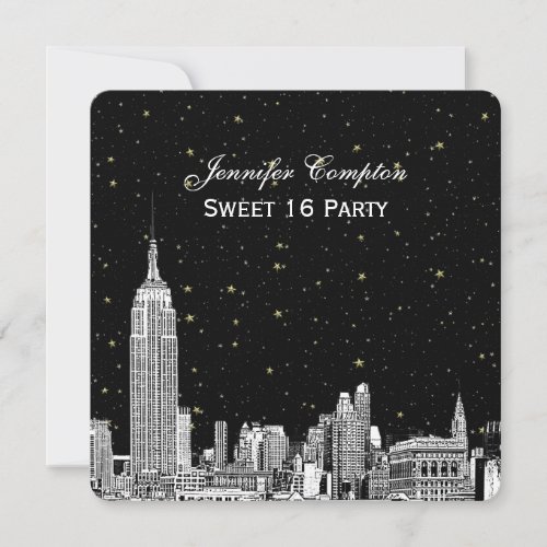 NYC Skyline Etched Starry DIY BG Color SQ Sweet 16 Invitation