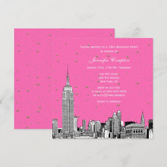 NYC Skyline Etched Starry DIY BG Color SQ Sweet 16 Invitation (Front/Back)