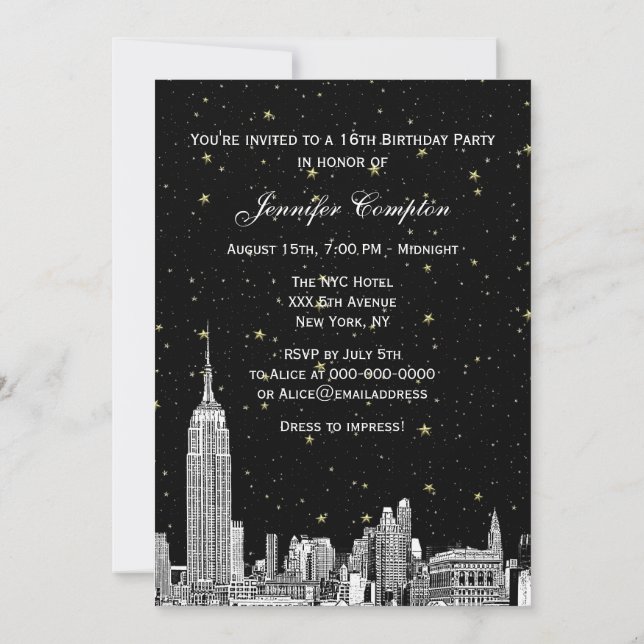 NYC Skyline Etched Starry DIY BG Color Sweet 16 Invitation (Back)