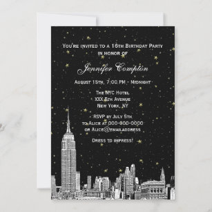NYC Skyline Etched Starry DIY BG Color Sweet 16 Invitation