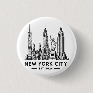 NYC Skyline Illustration with Statue of Liberty Button