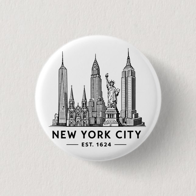 NYC Skyline Illustration with Statue of Liberty Button (Front)