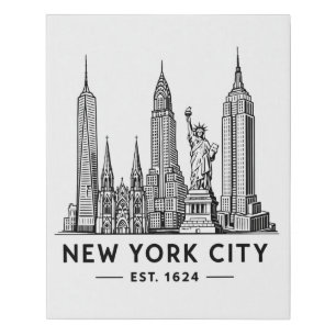 NYC Skyline Illustration with Statue of Liberty Faux Canvas Print