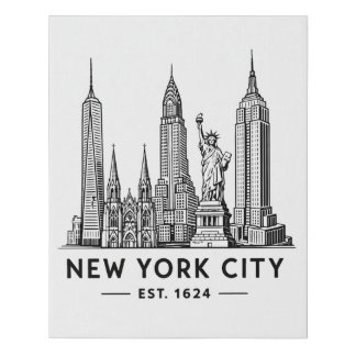 NYC Skyline Illustration with Statue of Liberty Faux Canvas Print