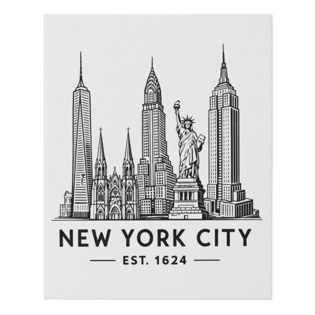 NYC Skyline Illustration with Statue of Liberty Faux Canvas Print (Front)