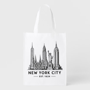 NYC Skyline Illustration with Statue of Liberty Grocery Bag