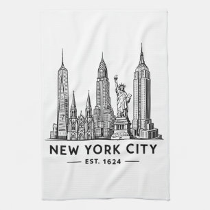 NYC Skyline Illustration with Statue of Liberty Kitchen Towel