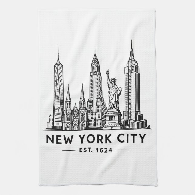 NYC Skyline Illustration with Statue of Liberty Kitchen Towel (Vertical)