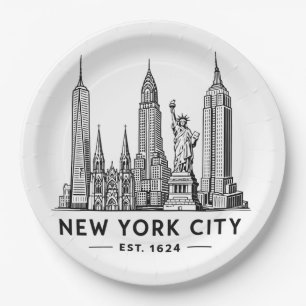 NYC Skyline Illustration with Statue of Liberty Paper Plates