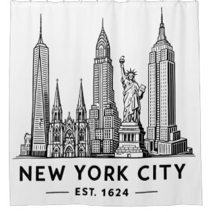 NYC Skyline Illustration with Statue of Liberty Shower Curtain