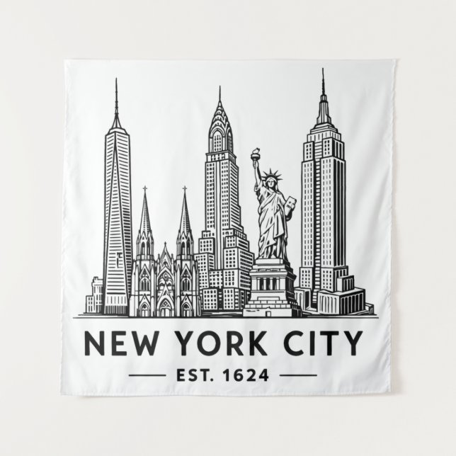 NYC Skyline Illustration with Statue of Liberty Tapestry (Front)