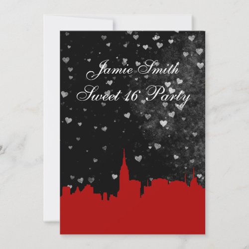 NYC Skyline Red Silhouette Black Wt Hrt Sweet 16 V Invitation