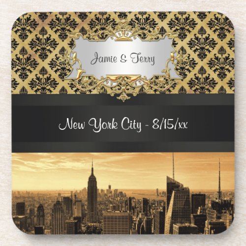 NYC Skyline Sepia B5 Blk Rib Damask Coasters