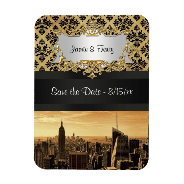 NYC Skyline Sepia B5 Blk Rib Damask Save the Date Magnet (Vertical)