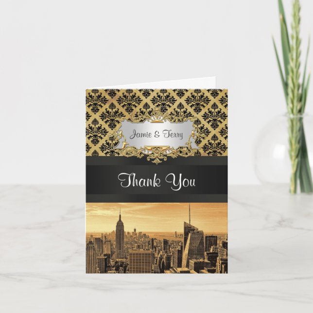NYC Skyline Sepia B5 Blk Rib Damask Thank You Card (Front)