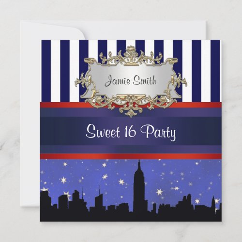 NYC Skyline Sil Blue Sky2 Blue Wht Stripe Sweet 16 Personalized Invite