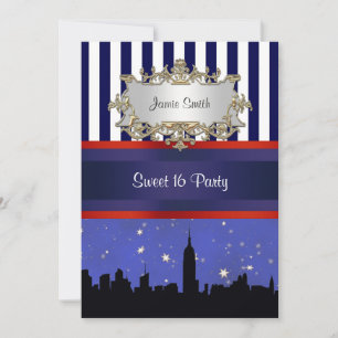 NYC Skyline Sil Blue Sky2 Blue Wht Strp Sweet 16 V Invitation