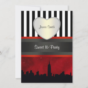 NYC Skyline Sil Red Sky Blk Wh Stripe P Sweet 16 V Invitation