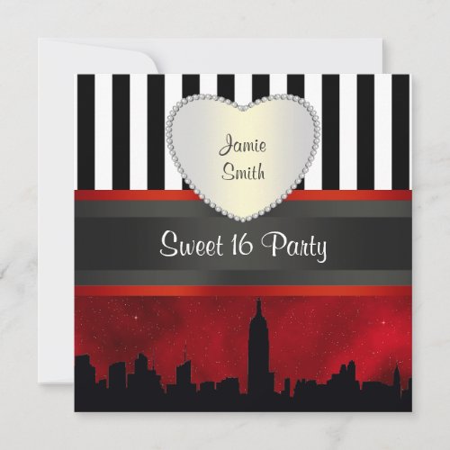 NYC Skyline Sil Red Sky Blk Wht Stripe H Sweet 16 Invitation