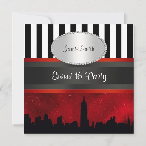 NYC Skyline Sil Red Sky Blk Wht Stripe P Sweet 16 Personalized Invitations