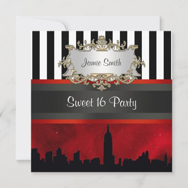 NYC Skyline Sil Red Sky Blk Wht Stripe Sweet 16 Invitation (Front)