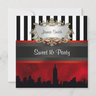 NYC Skyline Sil Red Sky Blk Wht Stripe Sweet 16 Invitation
