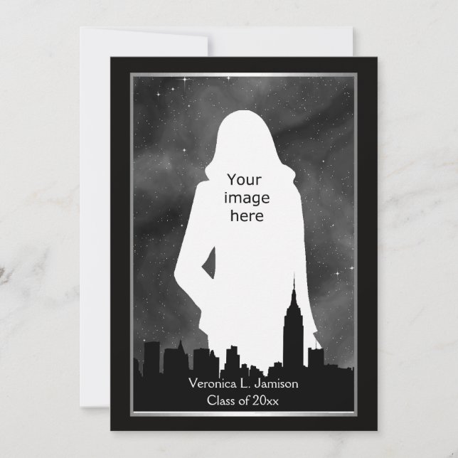 NYC Skyline Silh BW ESB Chrys #2 Photo Graduation Invitation (Front)