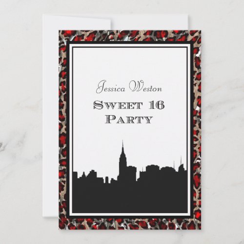NYC Skyline Silhouette 2 Red Leopard Sweet 16 Invitation