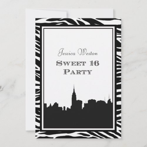 NYC Skyline Silhouette 2 Zebra Sweet 16 Invitation